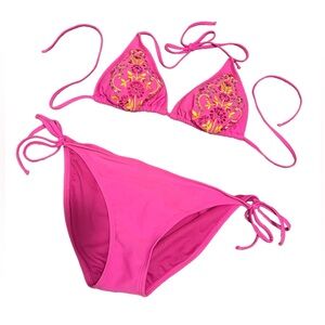 Xhilaration String Tie Bikini Hot Pink Embroidered Sequins Y2K Size Large Set